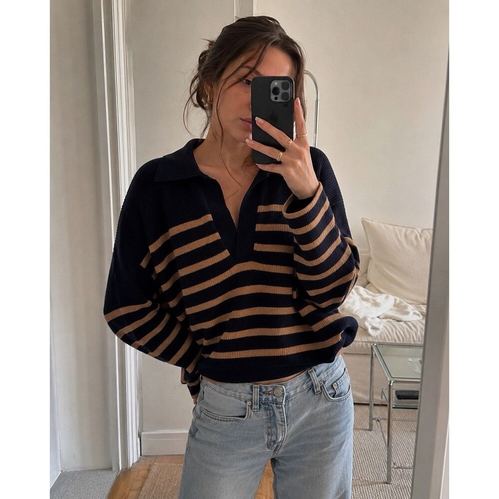 Rails Harris Camel Navy Stripe Collared Wool Cashmere Sweater Nautical Size M